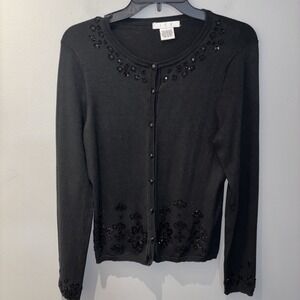 Women's Black Beaded Cardigan Sweater Silk Blend Size M Quiet Luxury‎ Minimalist